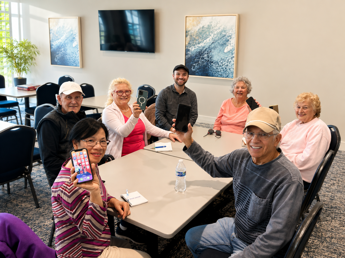Austin with a group of smiling seniors holding up their iPhones after a TechWise class